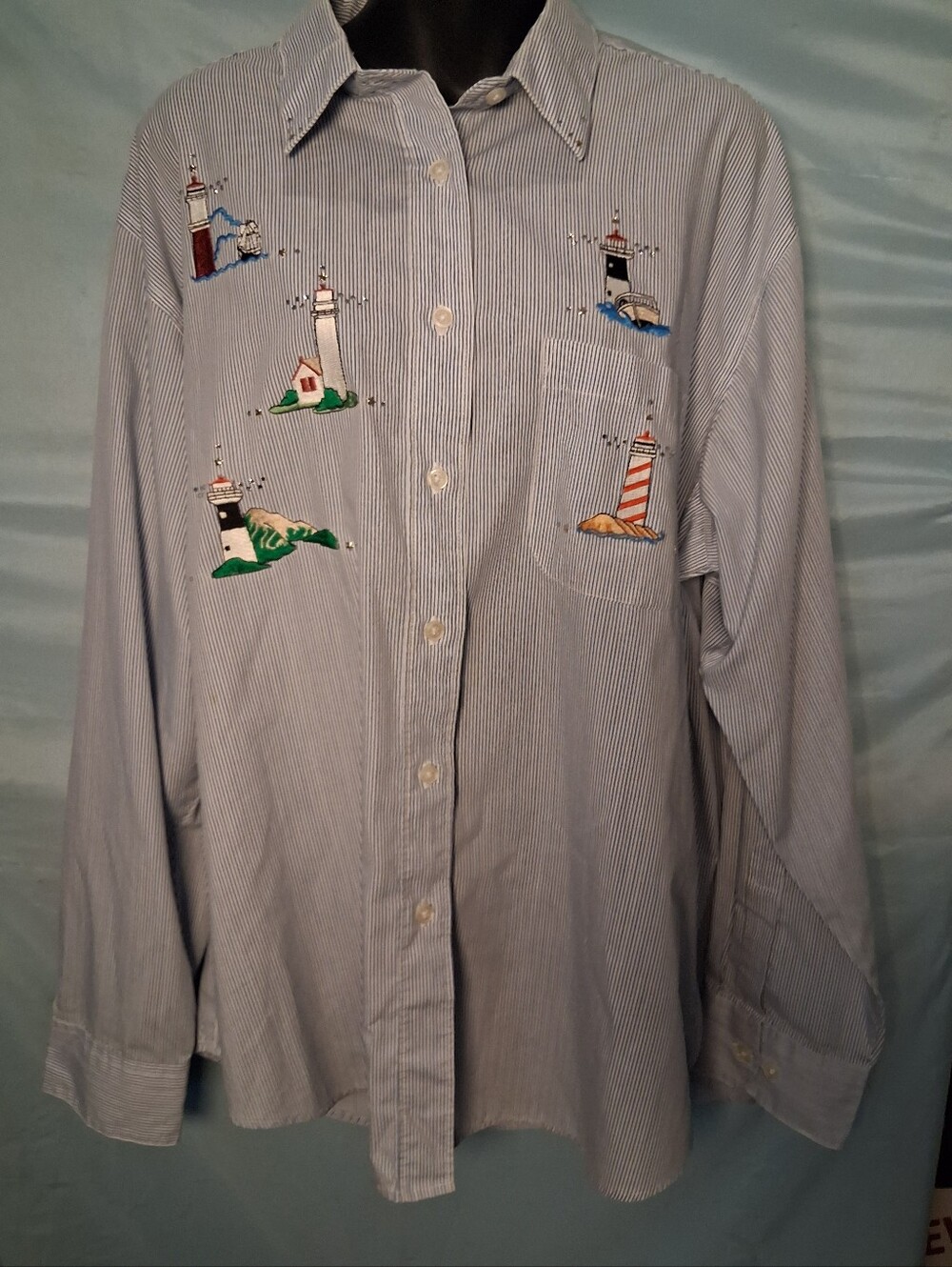VTG 90s Shipshe Lighthouse Embroidered Striped Shirt Womens XL Nautical